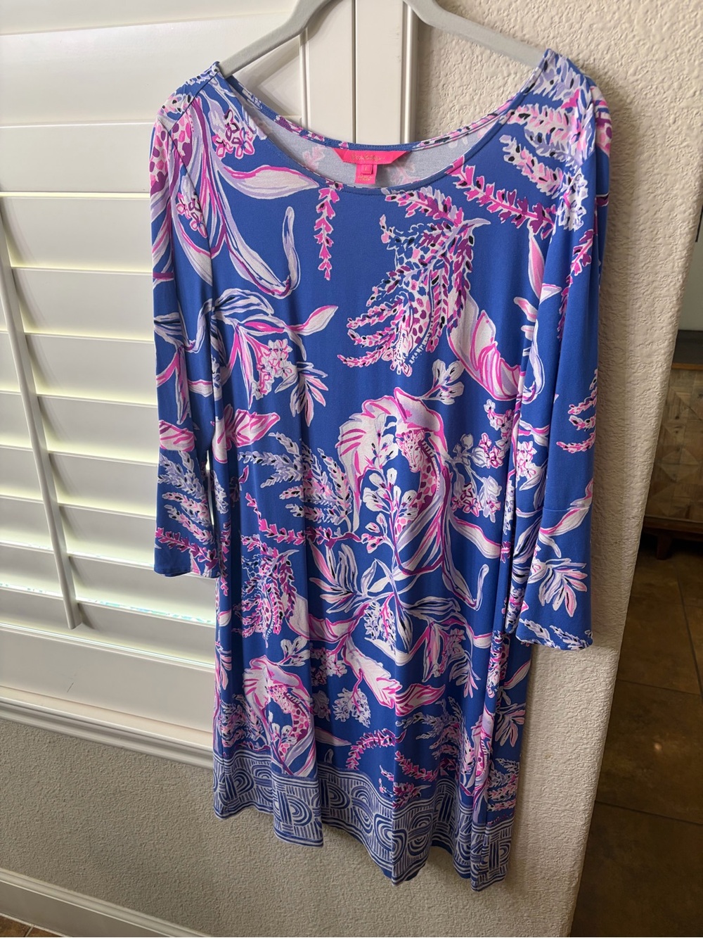 Lilly Pulitzer Blue Floral Long-Sleeve Shift Dress with Pink & White Print